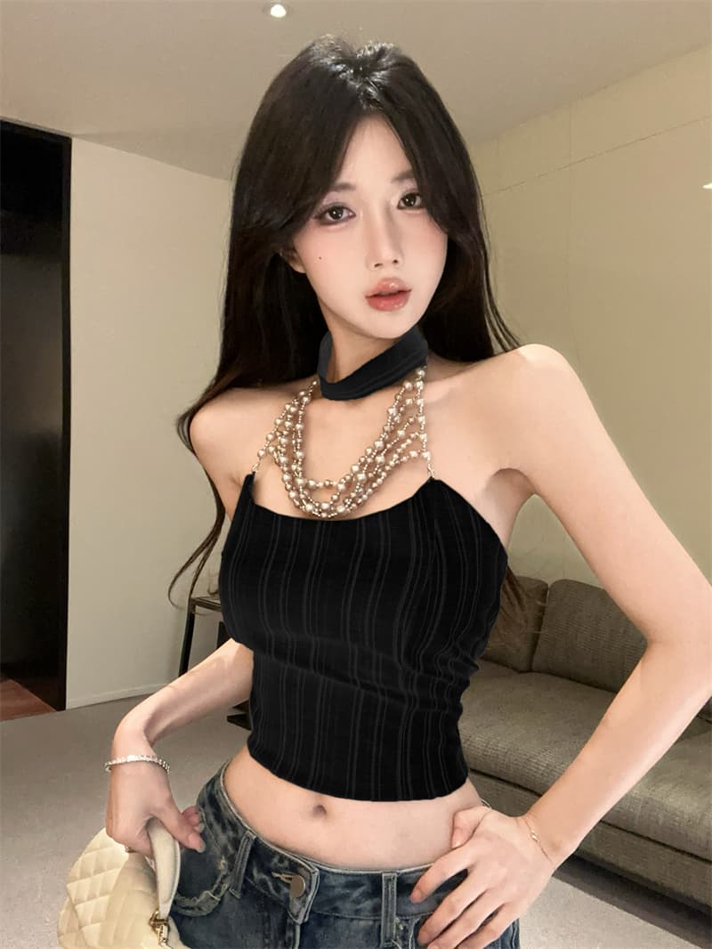 실사 스트라이프 체인 행침 목 캐미솔 여름 쇼트 스타일 몸매 가꾸기 섹시함 핫걸 백리스 맨위 상세 이미지 14