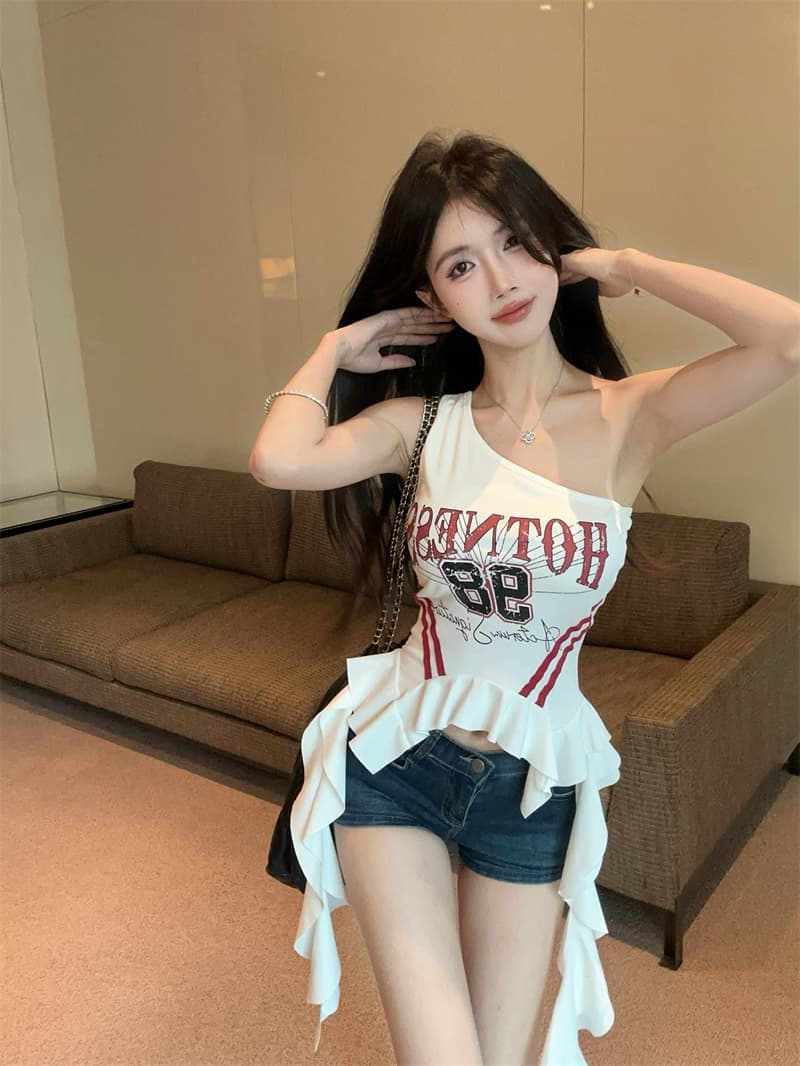 실사 비스듬한 어깨 디자인 센스 순수한 욕망 핫걸 한 부서 비대칭 디자인 센스 프릴 티셔츠 맨위 상세 이미지 4
