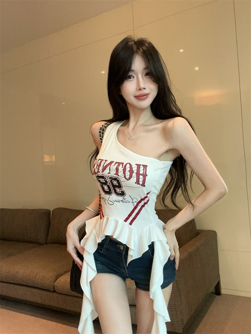 실사 비스듬한 어깨 디자인 센스 순수한 욕망 핫걸 한 부서 비대칭 디자인 센스 프릴 티셔츠 맨위 상세 이미지 9