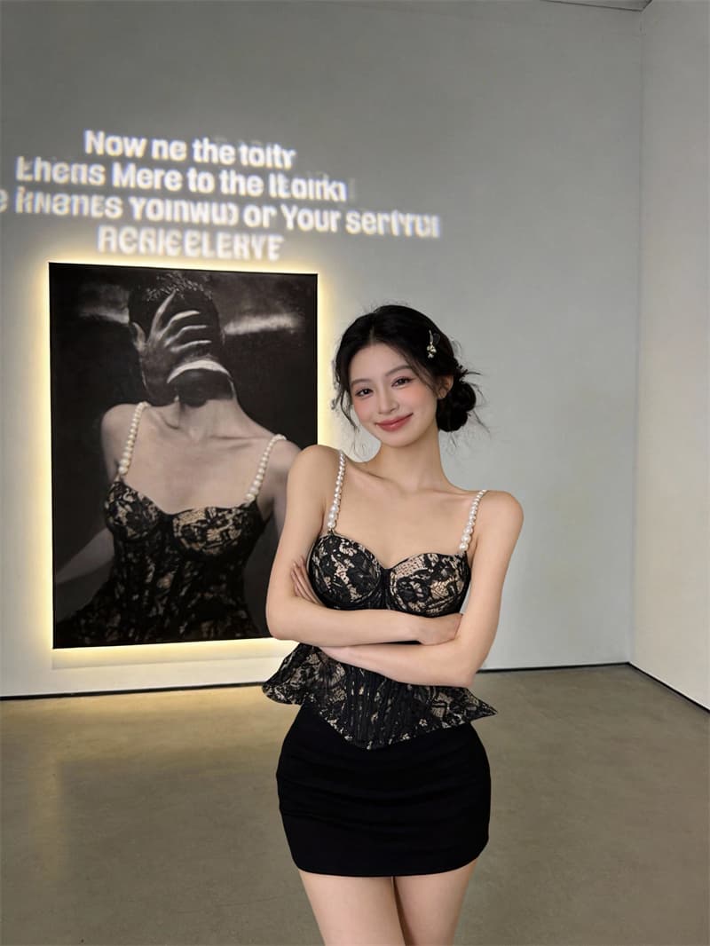 실사 진주 어깨끈 레이스 홀로우 아웃 퍼프 슬립 몸매 가꾸기 슬림해 보이는 브래지어 맨위 상세 이미지 2