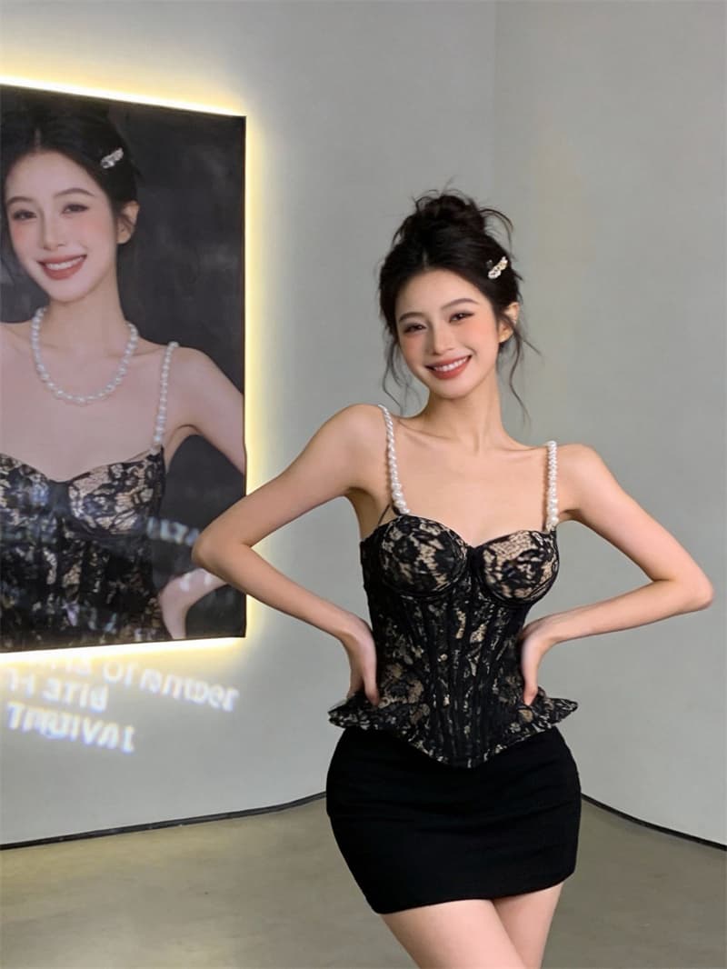 실사 진주 어깨끈 레이스 홀로우 아웃 퍼프 슬립 몸매 가꾸기 슬림해 보이는 브래지어 맨위 상세 이미지 5