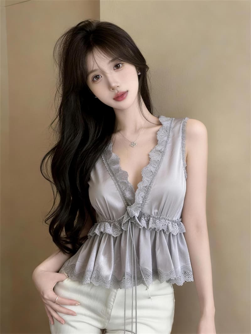 실사 새틴 레이스 레이스 레이스 V넥 캐미솔 치마 맨위 상세 이미지 3