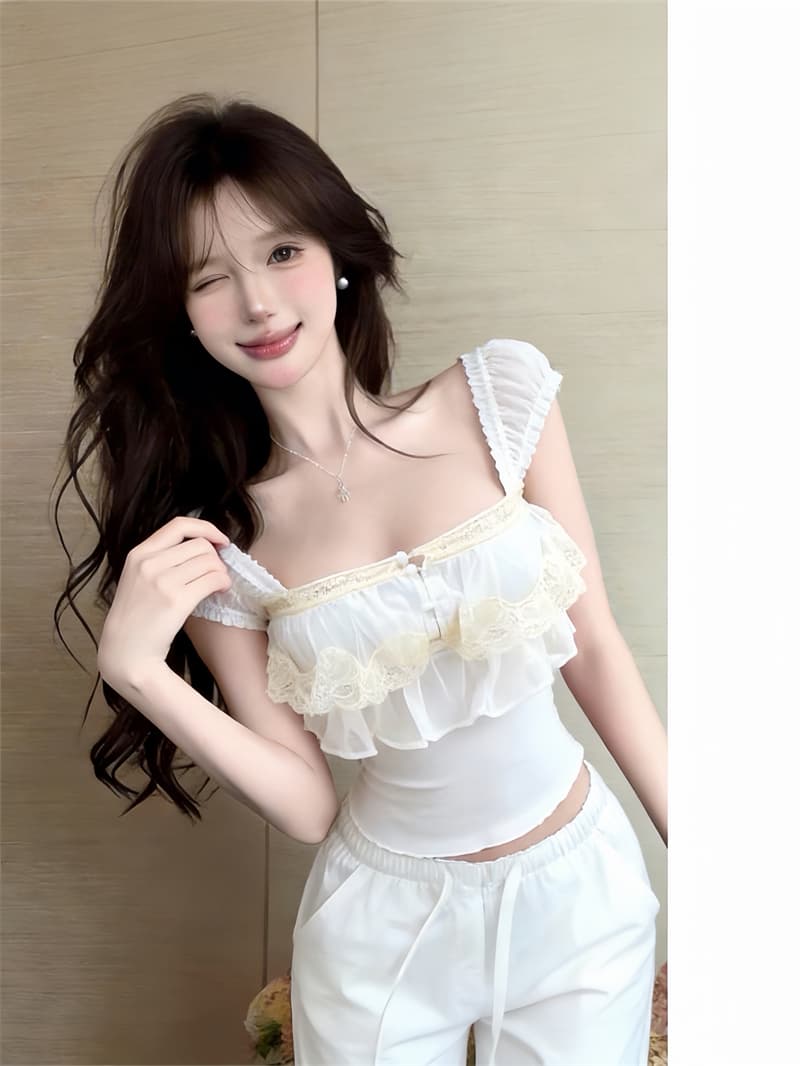실사 핫걸 광장 칼라 패치워크 레이스 레이스 쇼트 스타일 맨위 티셔츠