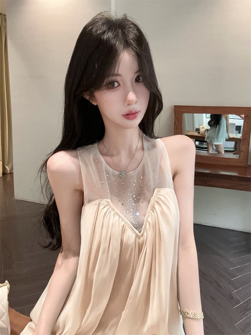 실사 프랑스식 빛 럭셔리 디자인 센스 핫픽스 망사 패치워크 맨위 주름 슬림해 보이는 표지 고기 조끼 A라인 스커트 이미지 2