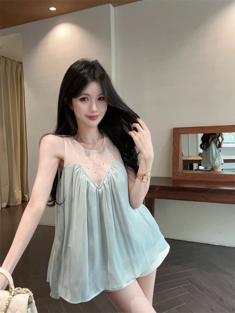 실사 프랑스식 빛 럭셔리 디자인 센스 핫픽스 망사 패치워크 맨위 주름 슬림해 보이는 표지 고기 조끼 A라인 스커트 상세 이미지 1