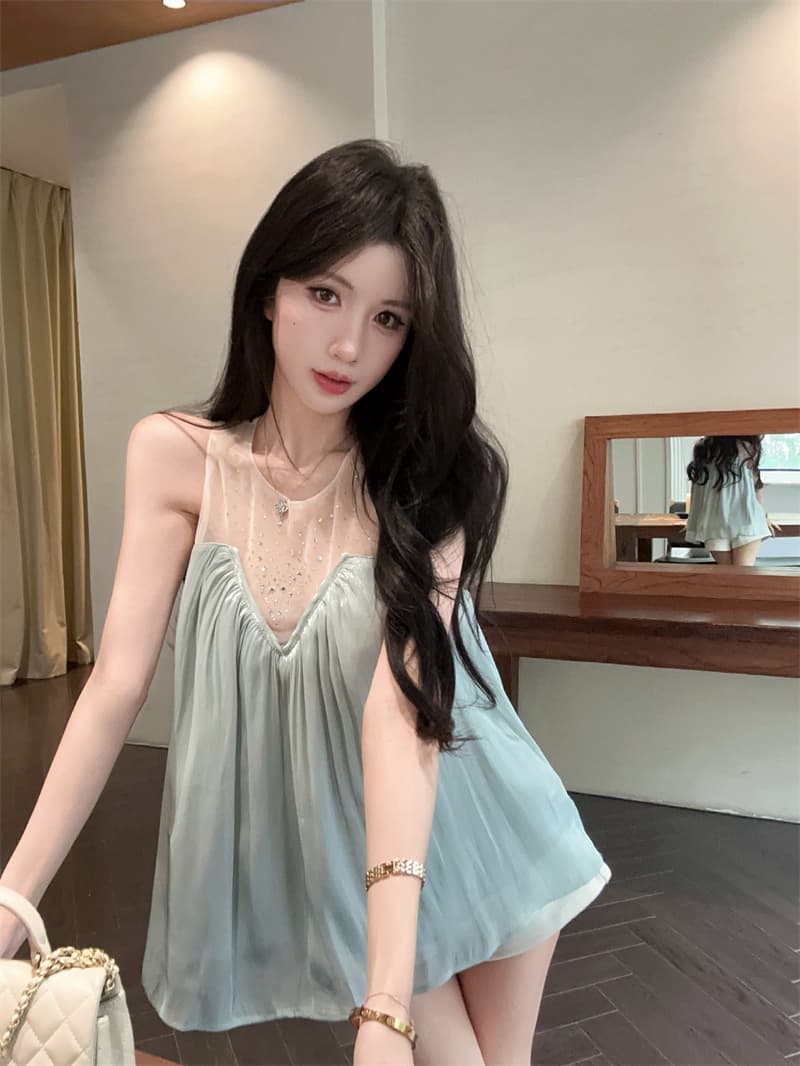 실사 프랑스식 빛 럭셔리 디자인 센스 핫픽스 망사 패치워크 맨위 주름 슬림해 보이는 표지 고기 조끼 A라인 스커트 상세 이미지 3