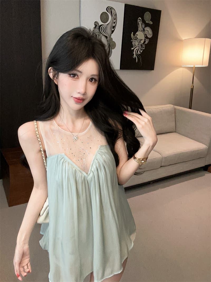 실사 프랑스식 빛 럭셔리 디자인 센스 핫픽스 망사 패치워크 맨위 주름 슬림해 보이는 표지 고기 조끼 A라인 스커트 상세 이미지 4