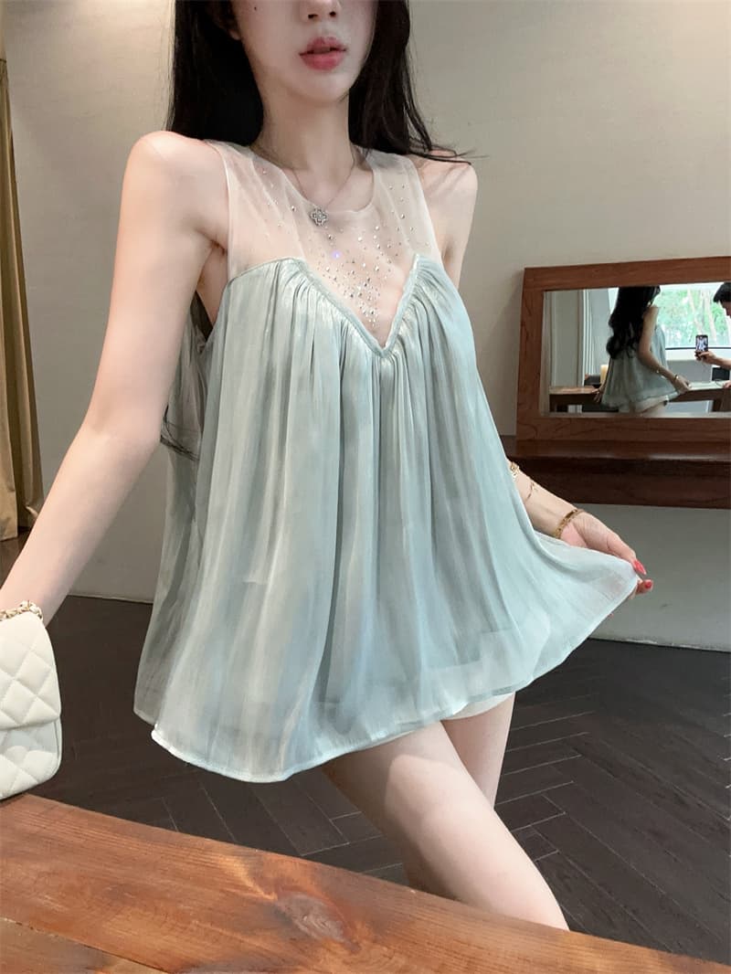 실사 프랑스식 빛 럭셔리 디자인 센스 핫픽스 망사 패치워크 맨위 주름 슬림해 보이는 표지 고기 조끼 A라인 스커트 상세 이미지 5