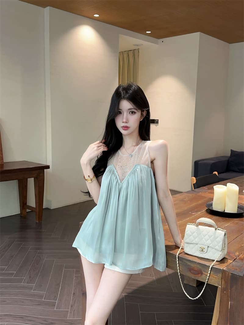 실사 프랑스식 빛 럭셔리 디자인 센스 핫픽스 망사 패치워크 맨위 주름 슬림해 보이는 표지 고기 조끼 A라인 스커트 상세 이미지 7