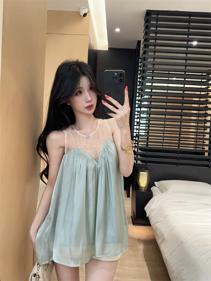실사 프랑스식 빛 럭셔리 디자인 센스 핫픽스 망사 패치워크 맨위 주름 슬림해 보이는 표지 고기 조끼 A라인 스커트 상세 이미지 10