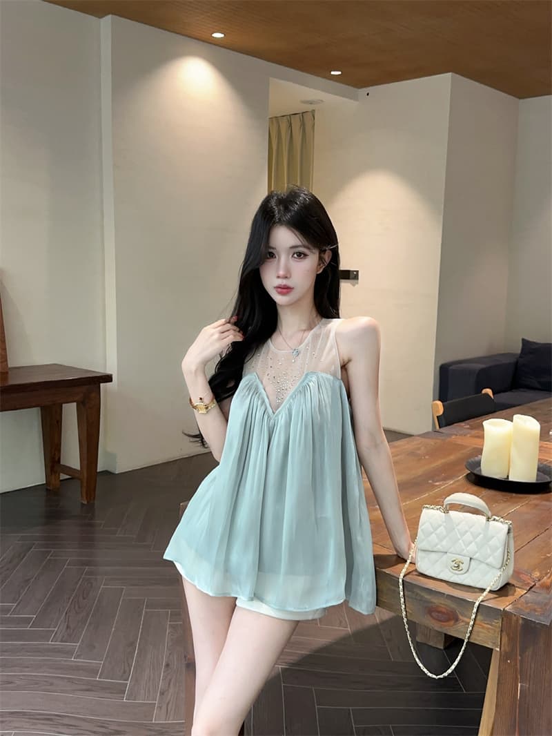 실사 프랑스식 빛 럭셔리 디자인 센스 핫픽스 망사 패치워크 맨위 주름 슬림해 보이는 표지 고기 조끼 A라인 스커트 상세 이미지 12
