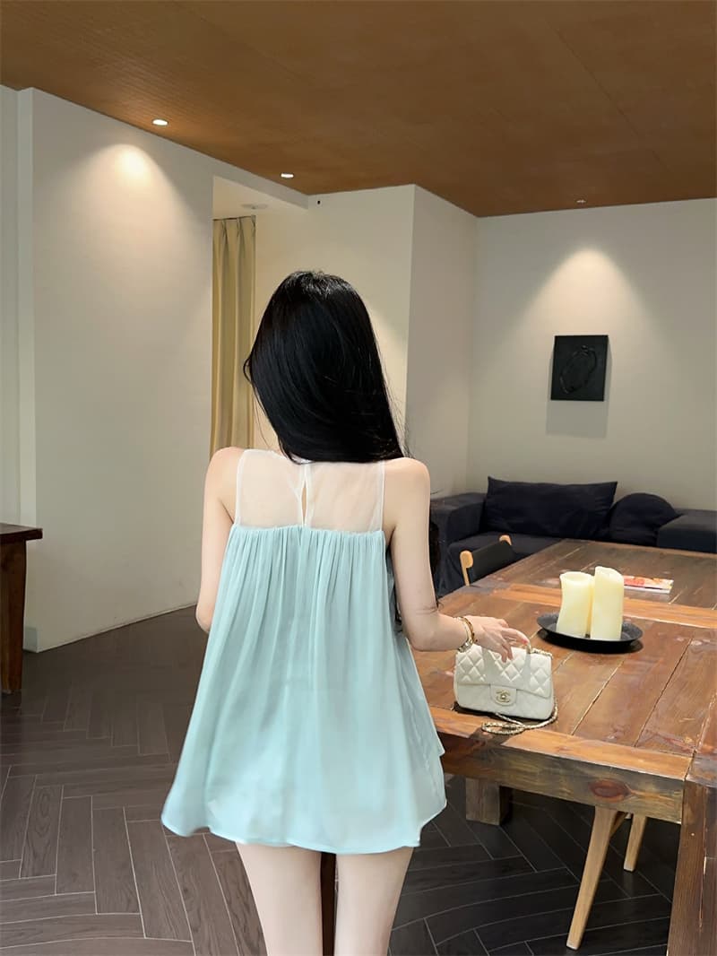 실사 프랑스식 빛 럭셔리 디자인 센스 핫픽스 망사 패치워크 맨위 주름 슬림해 보이는 표지 고기 조끼 A라인 스커트 상세 이미지 13