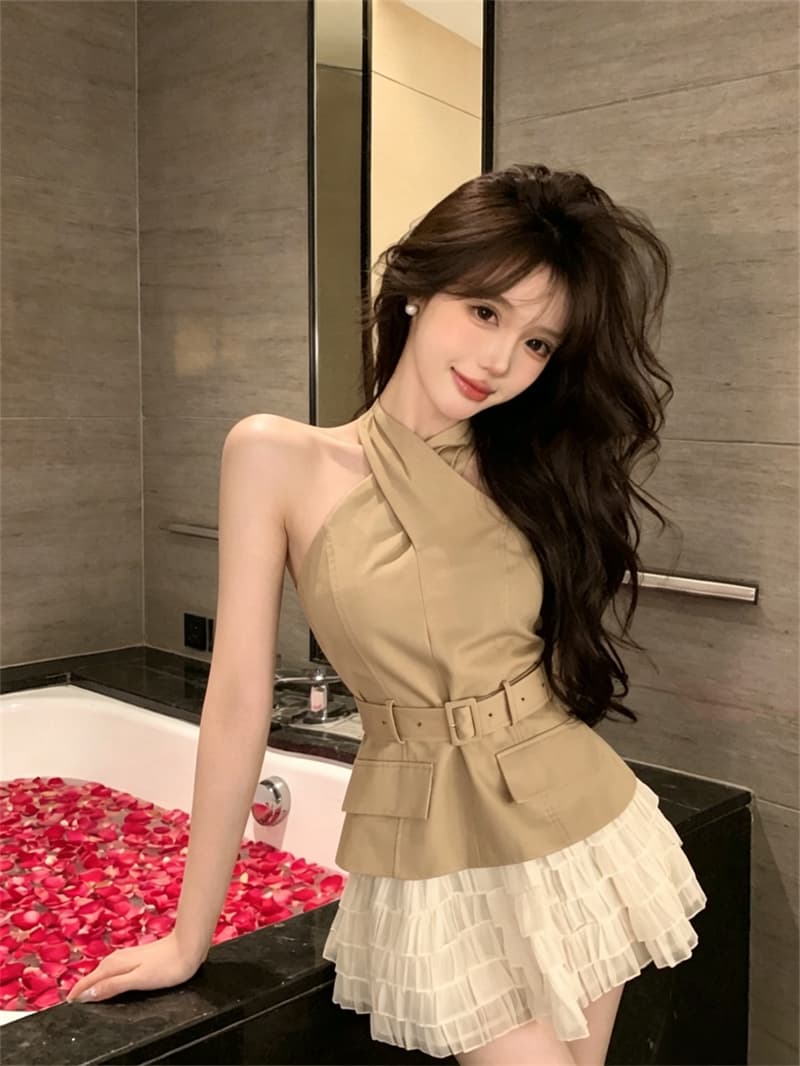 실사 순수한 욕망 핫걸 프랑스식 십자가 행침 목 디자인 센스 백리스 허리 수축 민소매 맨위 반신 스커트 상세 이미지 1