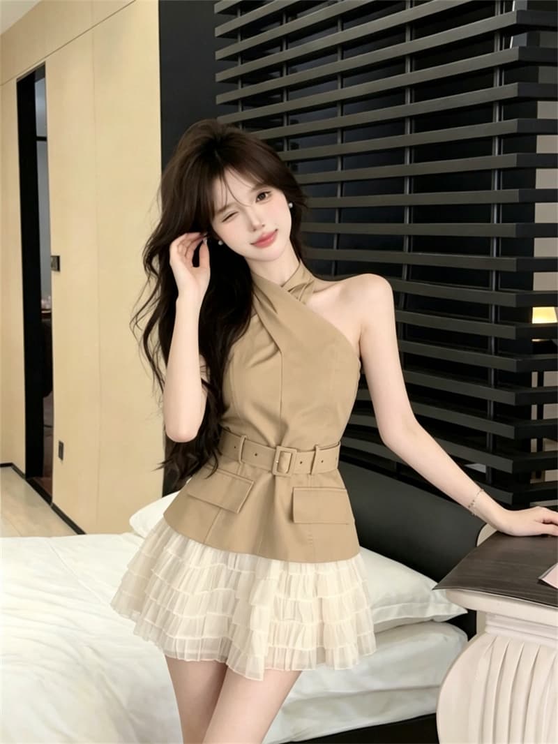 실사 순수한 욕망 핫걸 프랑스식 십자가 행침 목 디자인 센스 백리스 허리 수축 민소매 맨위 반신 스커트 상세 이미지 2