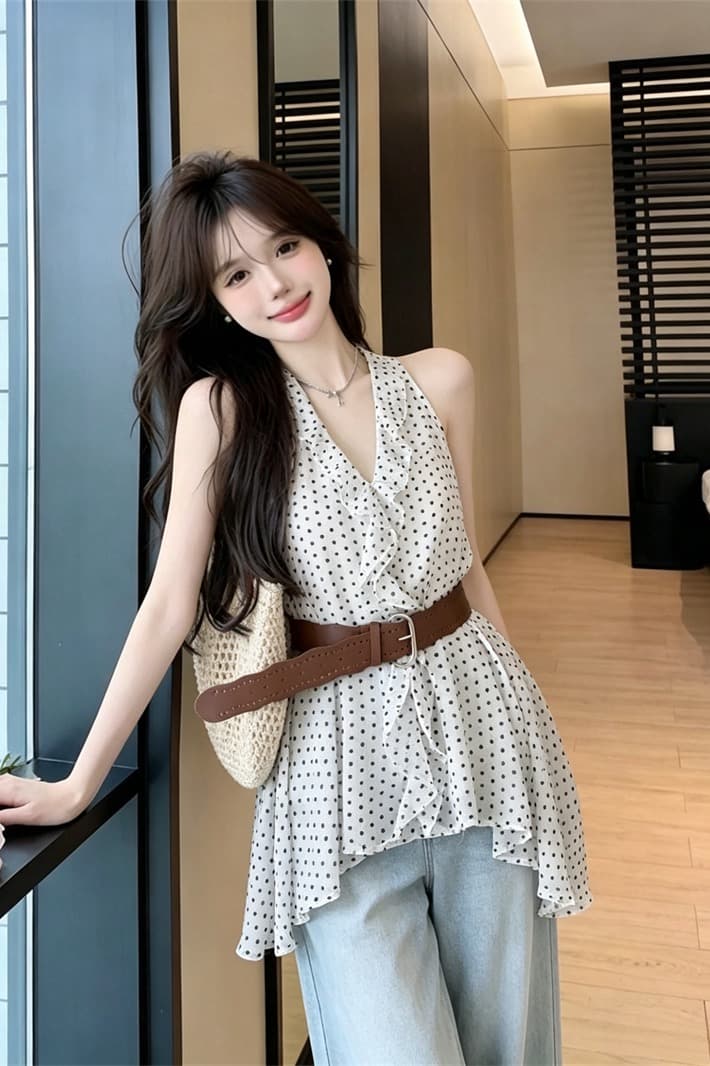 핫걸 바람 도트 무늬 민소매 V넥 허리 수축 다용도 슬림해 보이는 품격 프릴 맨위 벨트 보내기 이미지 5