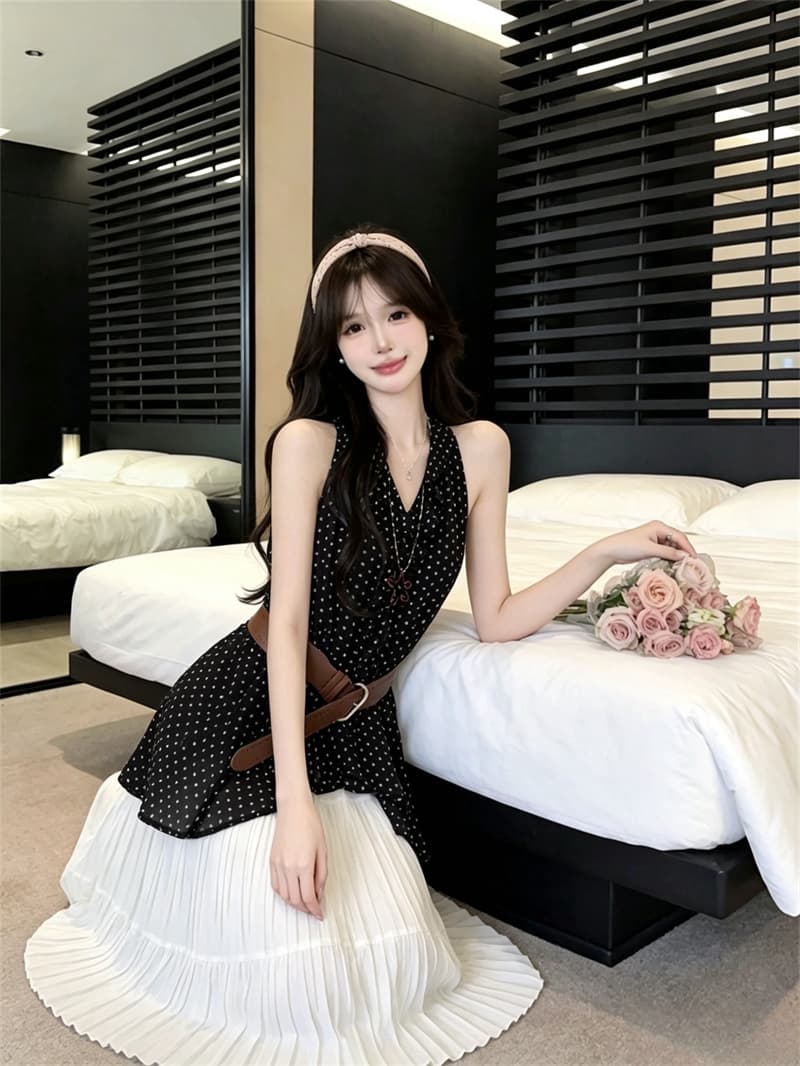 핫걸 바람 도트 무늬 민소매 V넥 허리 수축 다용도 슬림해 보이는 품격 프릴 맨위 벨트 보내기 상세 이미지 6