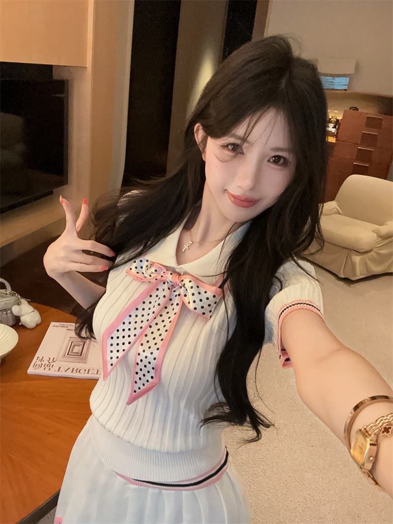 실사 연령 감소 배색 폴로 칼라 반팔 몸매 가꾸기 도트 무늬 나비 매듭 맨위 플리츠 반신 치마 세트 상세 이미지 1