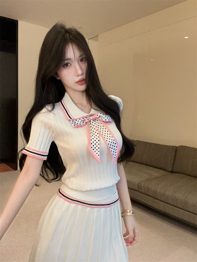 실사 연령 감소 배색 폴로 칼라 반팔 몸매 가꾸기 도트 무늬 나비 매듭 맨위 플리츠 반신 치마 세트 상세 이미지 7