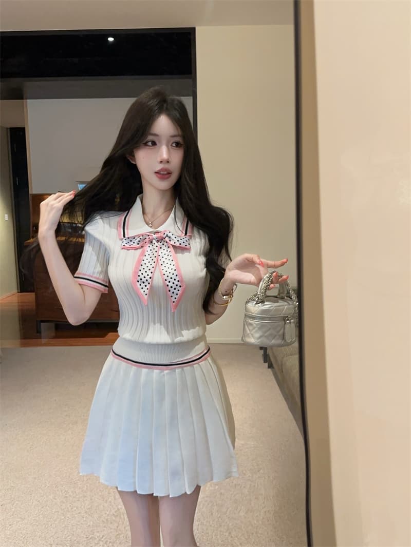 실사 연령 감소 배색 폴로 칼라 반팔 몸매 가꾸기 도트 무늬 나비 매듭 맨위 플리츠 반신 치마 세트 상세 이미지 8
