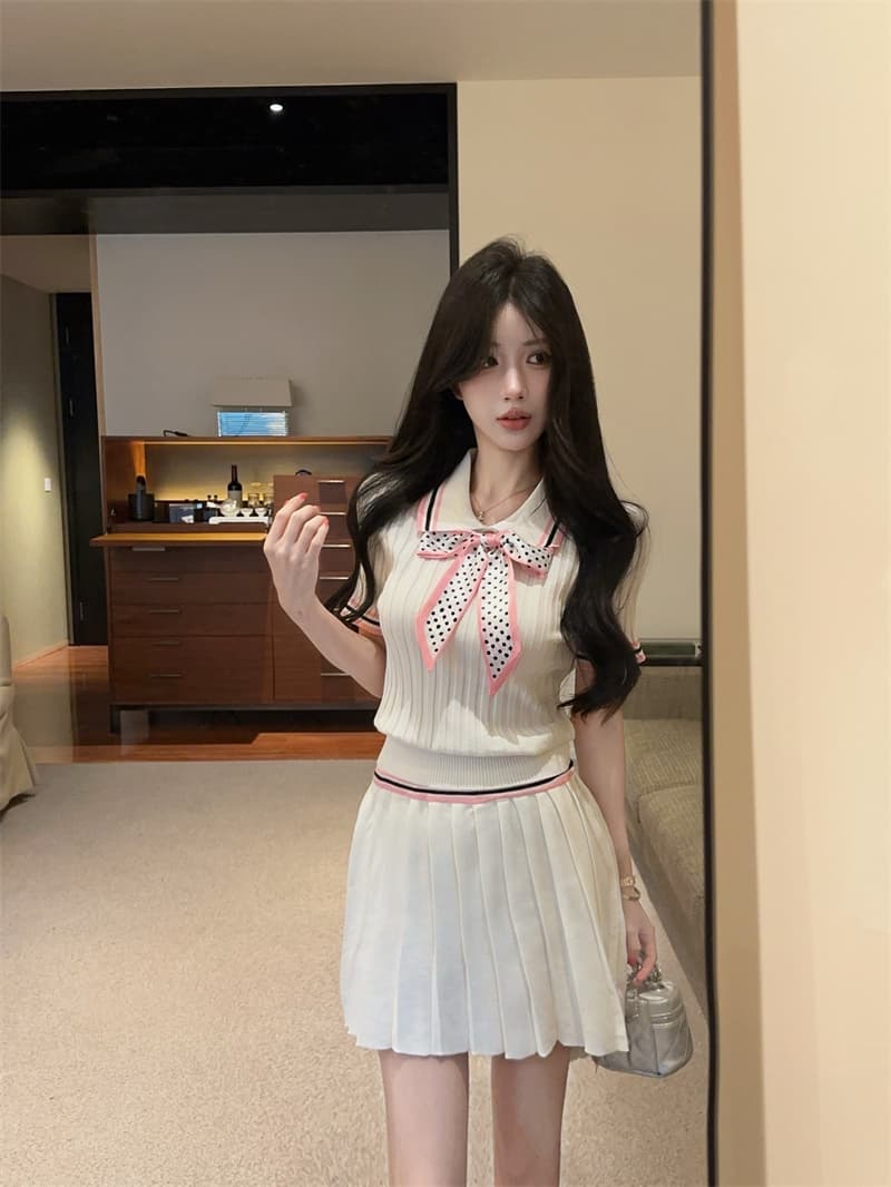 실사 연령 감소 배색 폴로 칼라 반팔 몸매 가꾸기 도트 무늬 나비 매듭 맨위 플리츠 반신 치마 세트 상세 이미지 10
