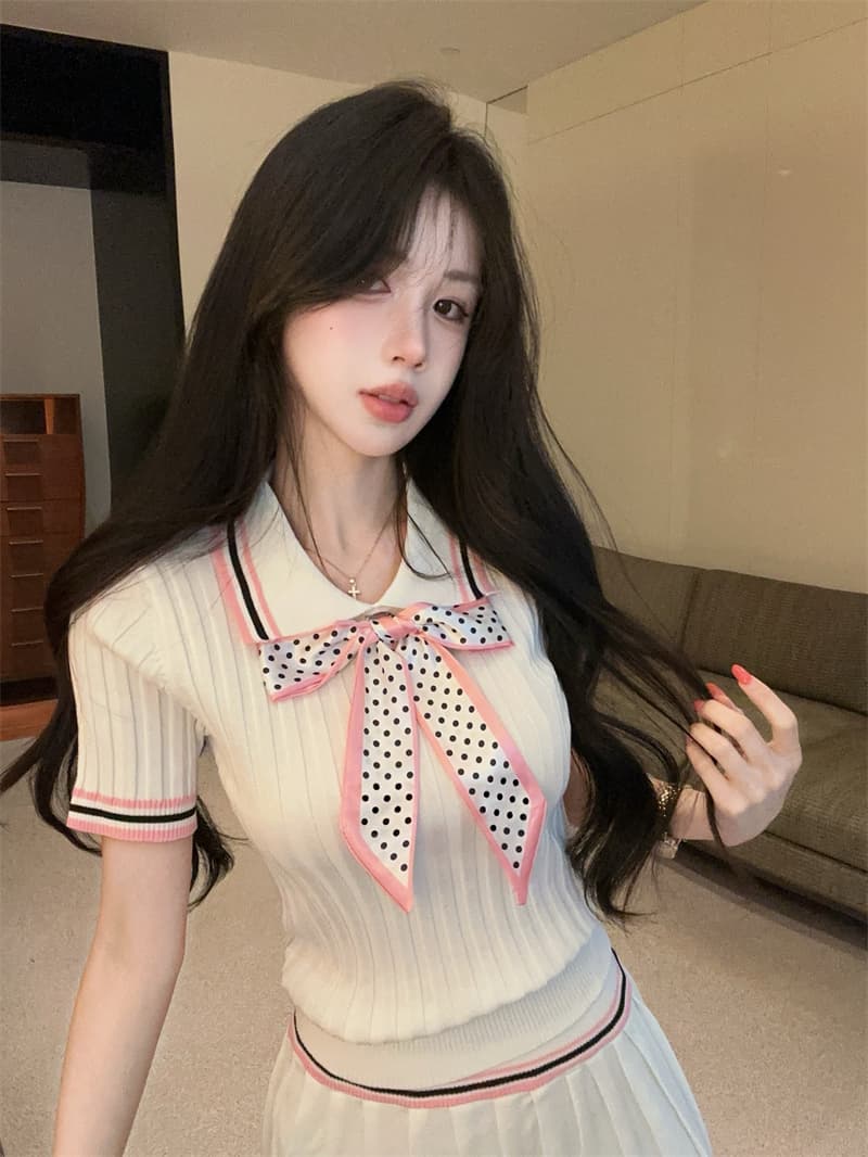 실사 연령 감소 배색 폴로 칼라 반팔 몸매 가꾸기 도트 무늬 나비 매듭 맨위 플리츠 반신 치마 세트 상세 이미지 12