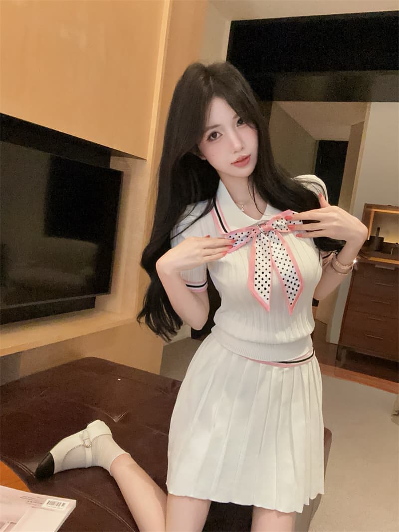 실사 연령 감소 배색 폴로 칼라 반팔 몸매 가꾸기 도트 무늬 나비 매듭 맨위 플리츠 반신 치마 세트 상세 이미지 13