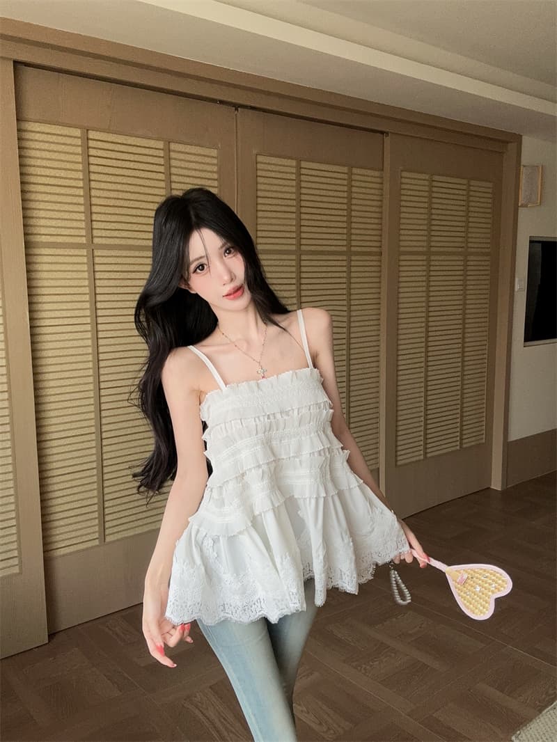 실사 순수한 욕망 화이트 무거운 작업 레이스 홀로우 아웃 캐미솔 맨위 상세 이미지 3