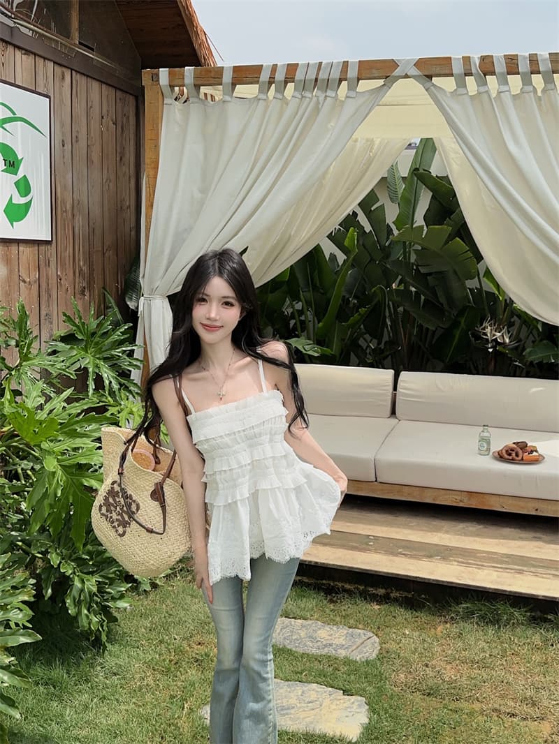 실사 순수한 욕망 화이트 무거운 작업 레이스 홀로우 아웃 캐미솔 맨위 상세 이미지 8