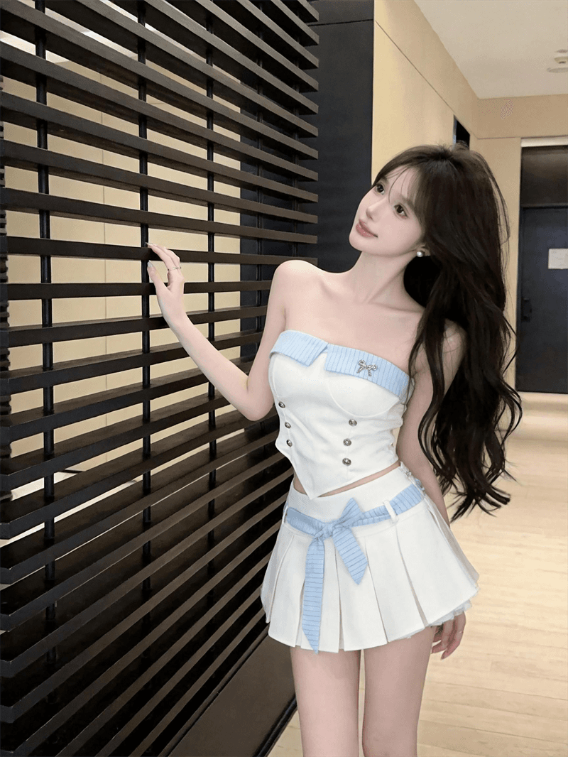 실사 작은 샤넬 스타일 여성 달콤한 매운맛 슬림해 보이는 배색 프릴 캐미솔 하이웨이스트 미니 스커트 투피스 세트 상세 이미지 4