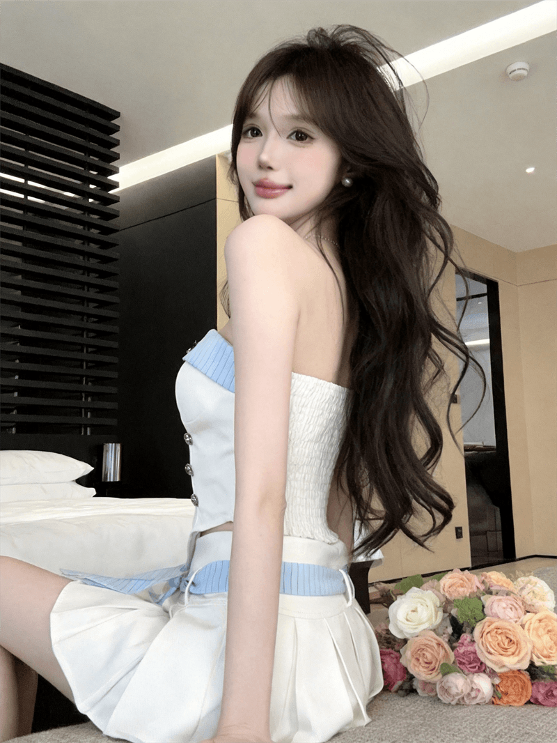 실사 작은 샤넬 스타일 여성 달콤한 매운맛 슬림해 보이는 배색 프릴 캐미솔 하이웨이스트 미니 스커트 투피스 세트 상세 이미지 11