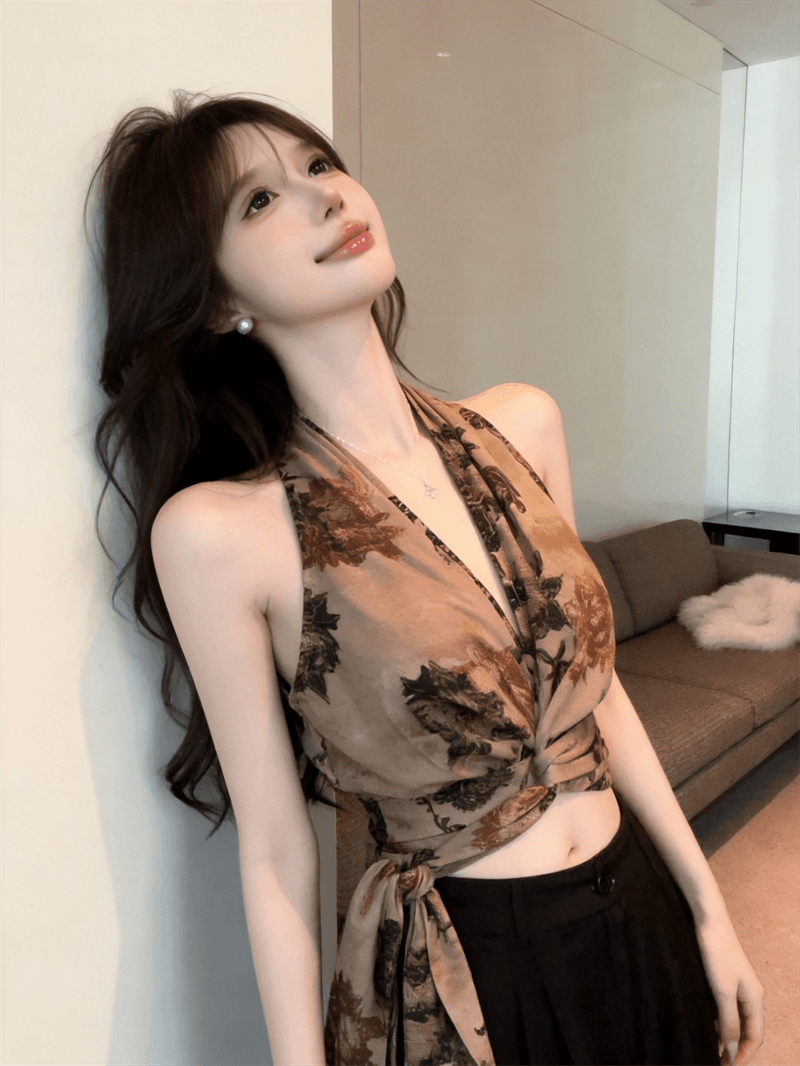 실사 로얄 자매 바람 V넥 행침 목 프린트 셔츠 작은 키 착용 가져 가라. 세련된 슬림해 보이는 쇼트 스타일 작은 셔츠 상세 이미지 10