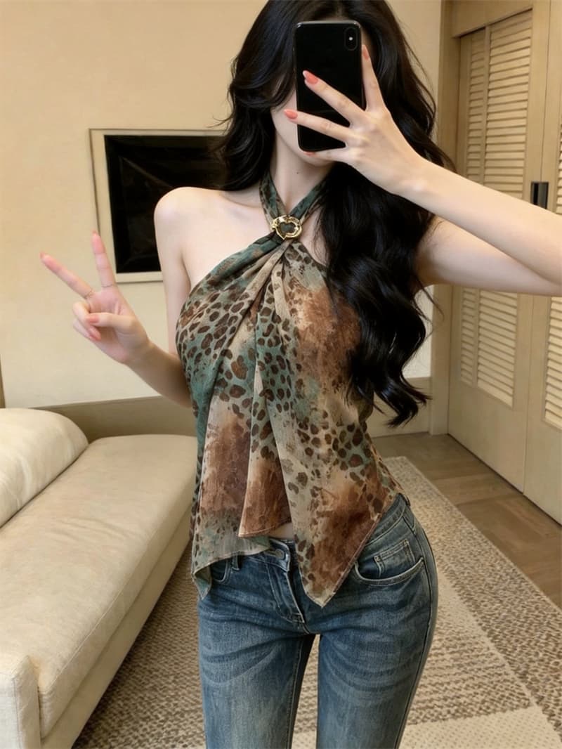 실사 레오파드 무늬 세 색 후광 염색 레이스업 행침 목 프린트 작은 셔츠 여성 높음 질감 쇼트 스타일 민소매 맨위 상세 이미지 5