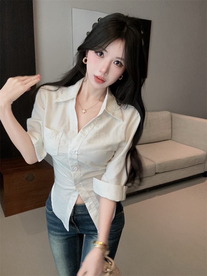 실사 순수한 흰색 아마 이슬 허리 나비 레이스업 여성 셔츠 봄 여름 다용도 맨위 상세 이미지 5