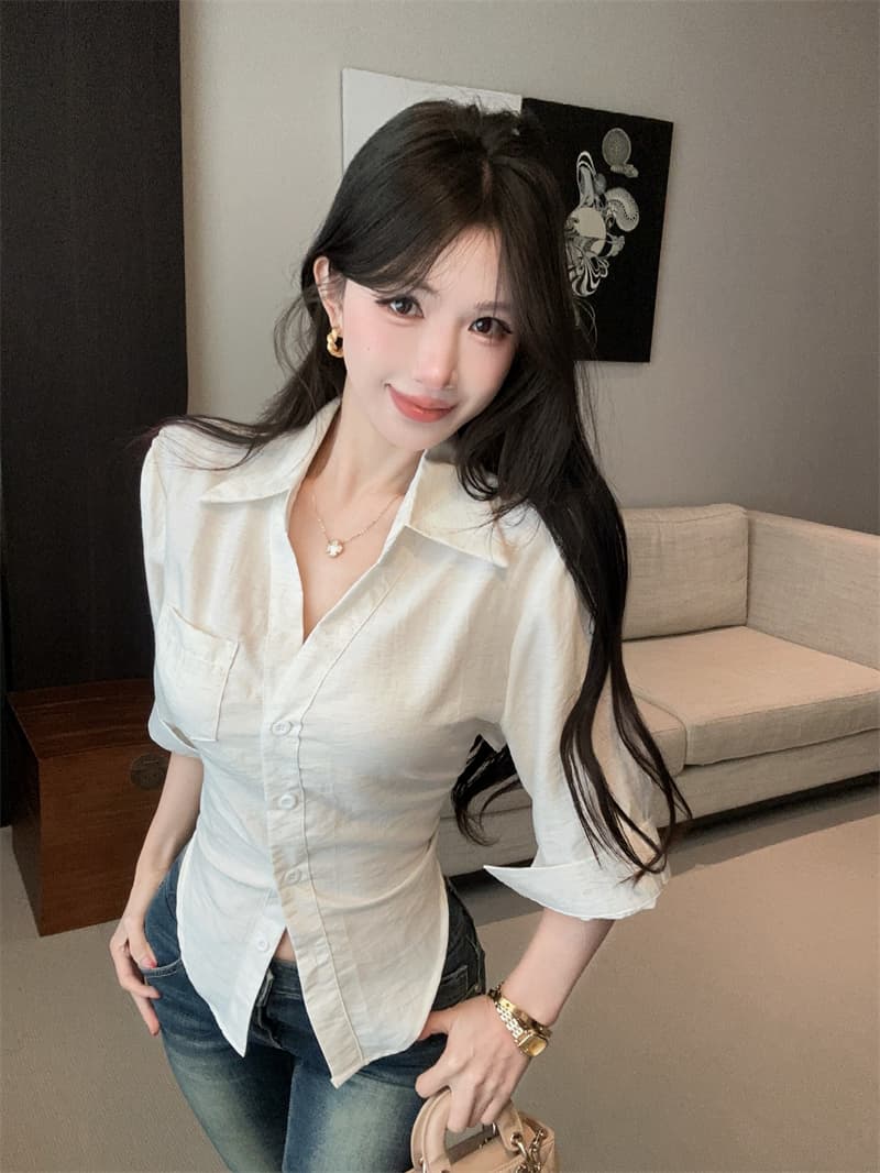 실사 순수한 흰색 아마 이슬 허리 나비 레이스업 여성 셔츠 봄 여름 다용도 맨위 상세 이미지 6