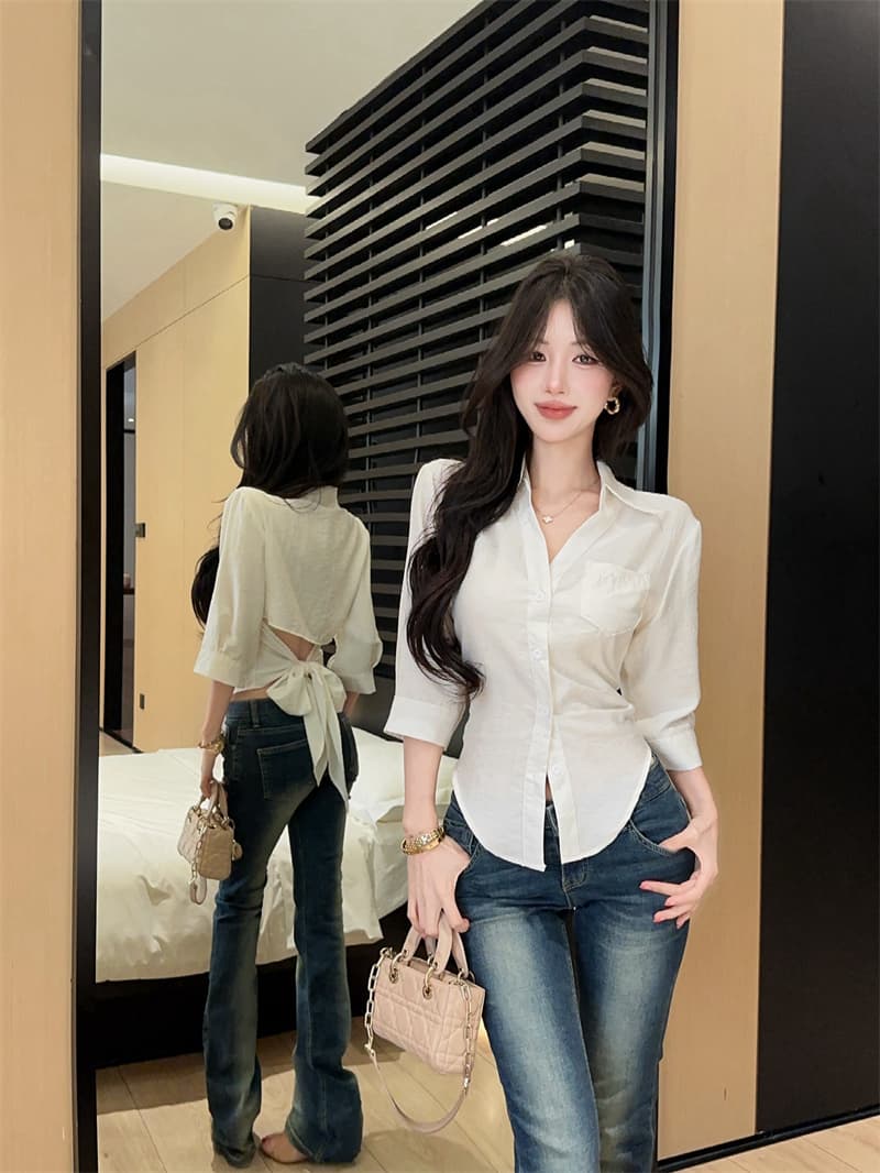 실사 순수한 흰색 아마 이슬 허리 나비 레이스업 여성 셔츠 봄 여름 다용도 맨위 상세 이미지 7