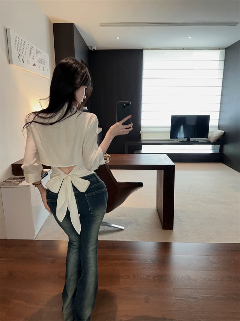 실사 순수한 흰색 아마 이슬 허리 나비 레이스업 여성 셔츠 봄 여름 다용도 맨위 상세 이미지 8