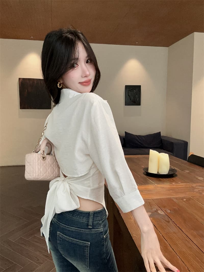실사 순수한 흰색 아마 이슬 허리 나비 레이스업 여성 셔츠 봄 여름 다용도 맨위 상세 이미지 9