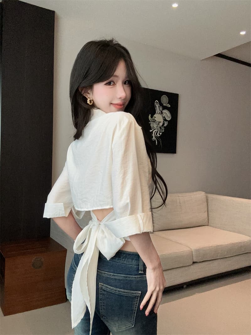 실사 순수한 흰색 아마 이슬 허리 나비 레이스업 여성 셔츠 봄 여름 다용도 맨위 상세 이미지 11