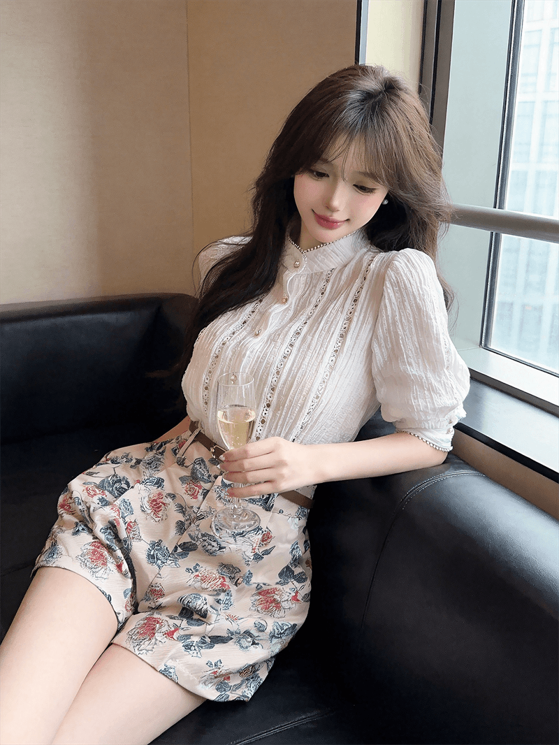실사 한국 스타일 패션 품격 미니멀리즘 패치워크 레이스 셔츠 하이웨이스트 꽃무늬 반바지 벨트 이미지 2