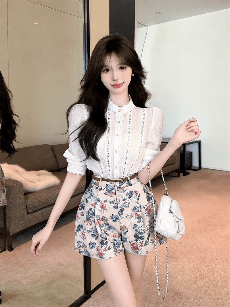 실사 한국 스타일 패션 품격 미니멀리즘 패치워크 레이스 셔츠 하이웨이스트 꽃무늬 반바지 벨트 이미지 3