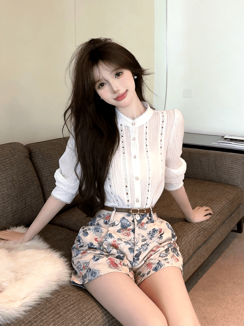 실사 한국 스타일 패션 품격 미니멀리즘 패치워크 레이스 셔츠 하이웨이스트 꽃무늬 반바지 벨트 이미지 4