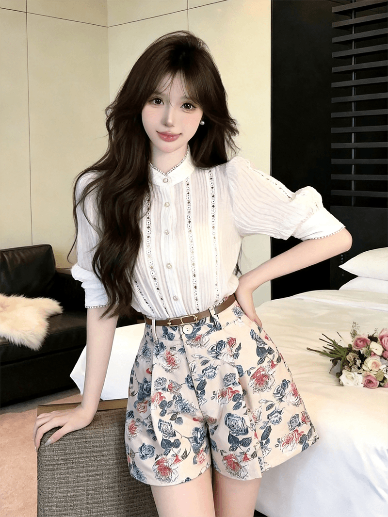 실사 한국 스타일 패션 품격 미니멀리즘 패치워크 레이스 셔츠 하이웨이스트 꽃무늬 반바지 벨트 상세 이미지 1