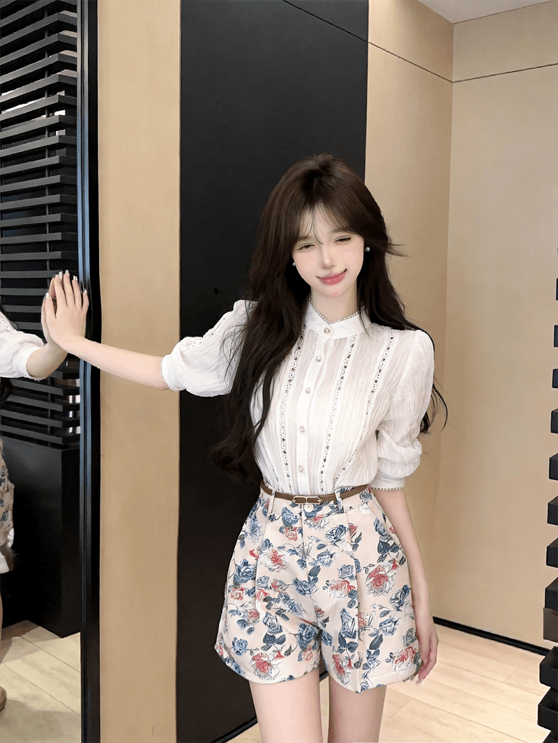 실사 한국 스타일 패션 품격 미니멀리즘 패치워크 레이스 셔츠 하이웨이스트 꽃무늬 반바지 벨트 상세 이미지 2