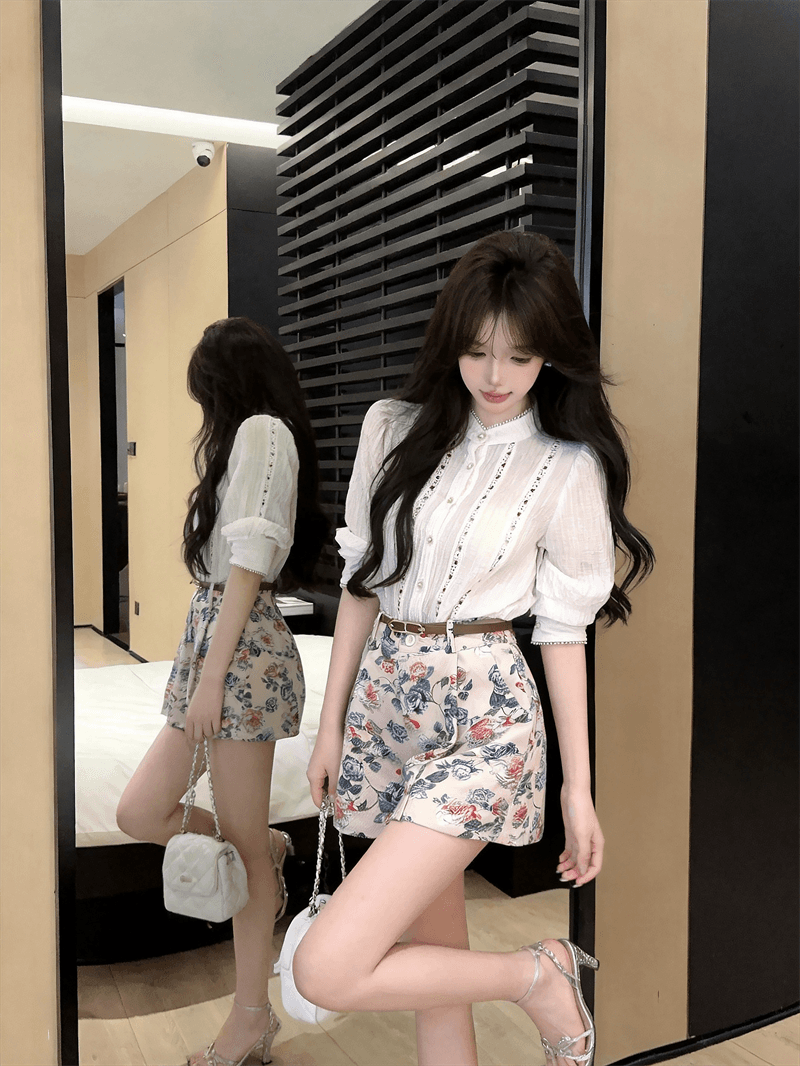 실사 한국 스타일 패션 품격 미니멀리즘 패치워크 레이스 셔츠 하이웨이스트 꽃무늬 반바지 벨트 상세 이미지 10