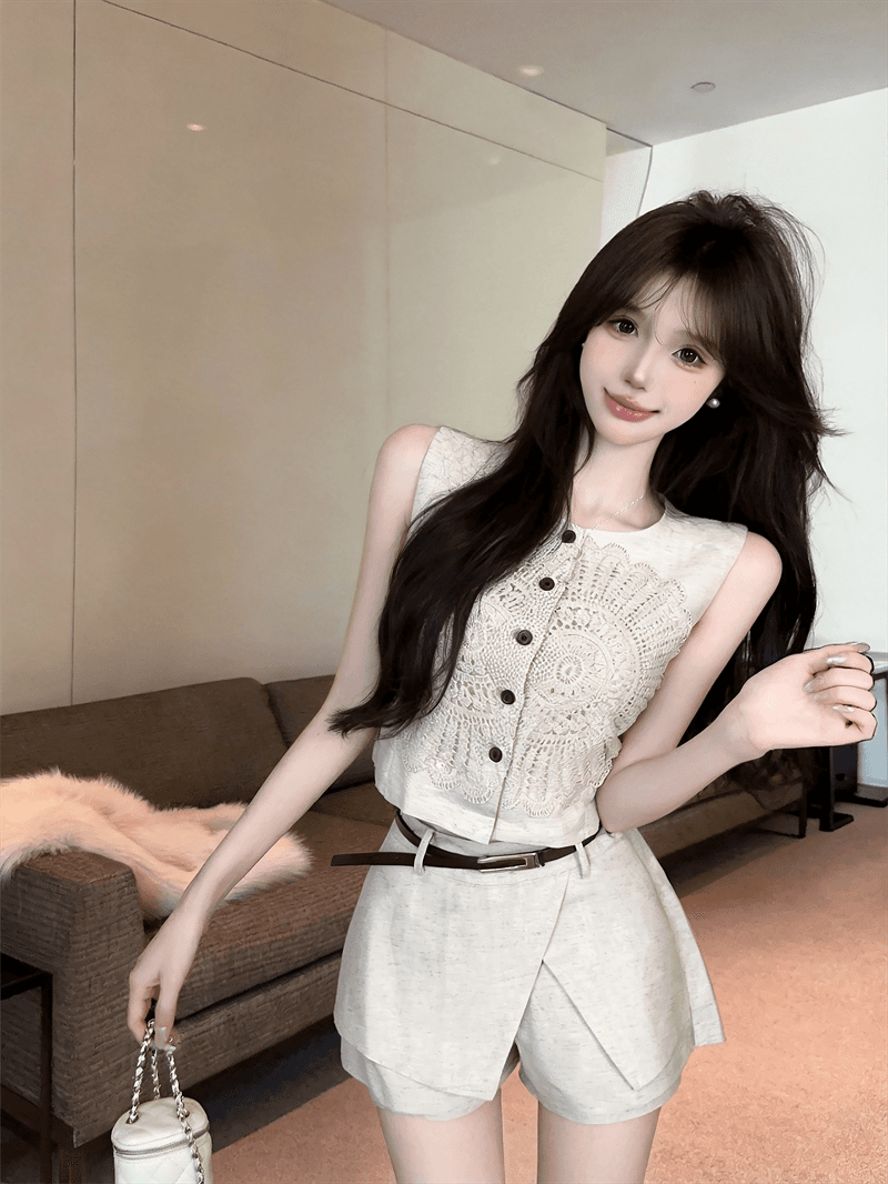 실사 레트로 스타일 홀로우 아웃 레이스 자수 자수 맨위 디자인 센스 비대칭 반 스커트 반바지 상세 이미지 7