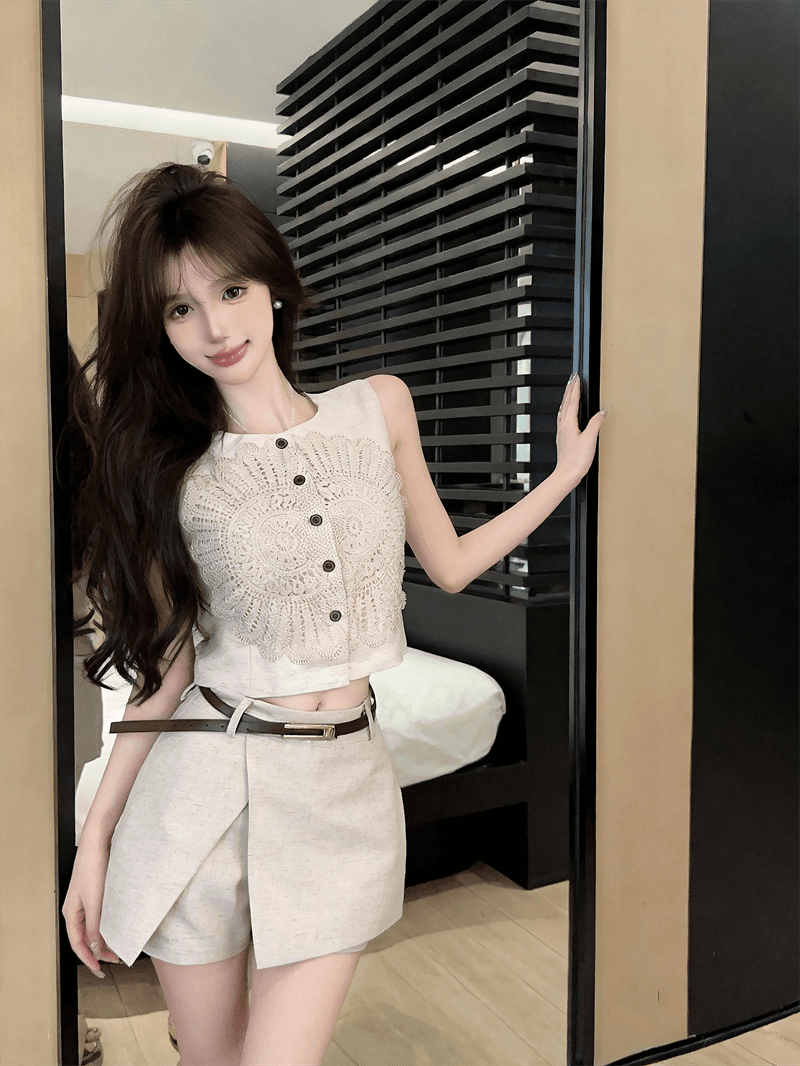 실사 레트로 스타일 홀로우 아웃 레이스 자수 자수 맨위 디자인 센스 비대칭 반 스커트 반바지 상세 이미지 8