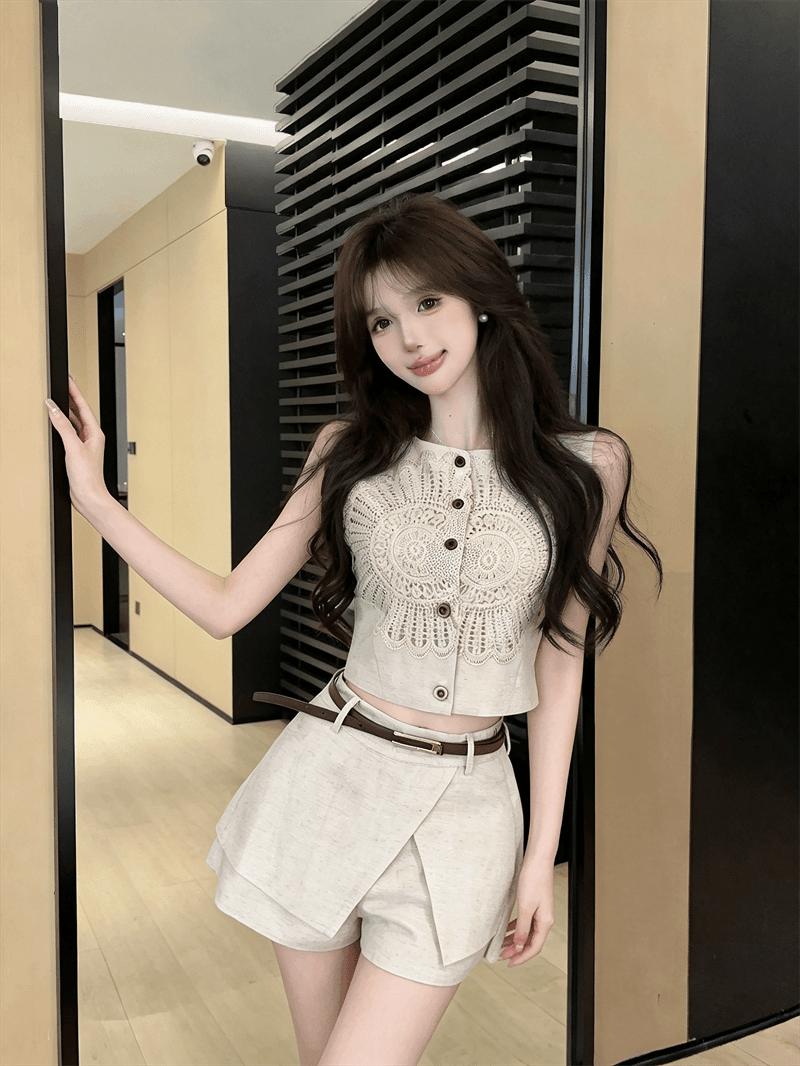 실사 레트로 스타일 홀로우 아웃 레이스 자수 자수 맨위 디자인 센스 비대칭 반 스커트 반바지 상세 이미지 9