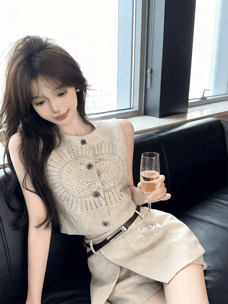 실사 레트로 스타일 홀로우 아웃 레이스 자수 자수 맨위 디자인 센스 비대칭 반 스커트 반바지 상세 이미지 11