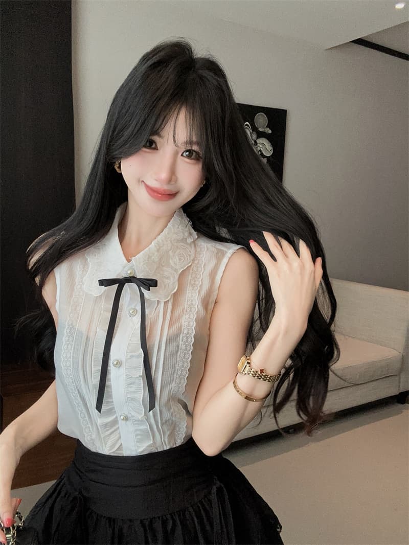 실사 천 금빛 바람 세트 여름 프랑스식 무거운 작업 베이비 칼라 민소매 맨위 케이크 반신 스커트 상세 이미지 1