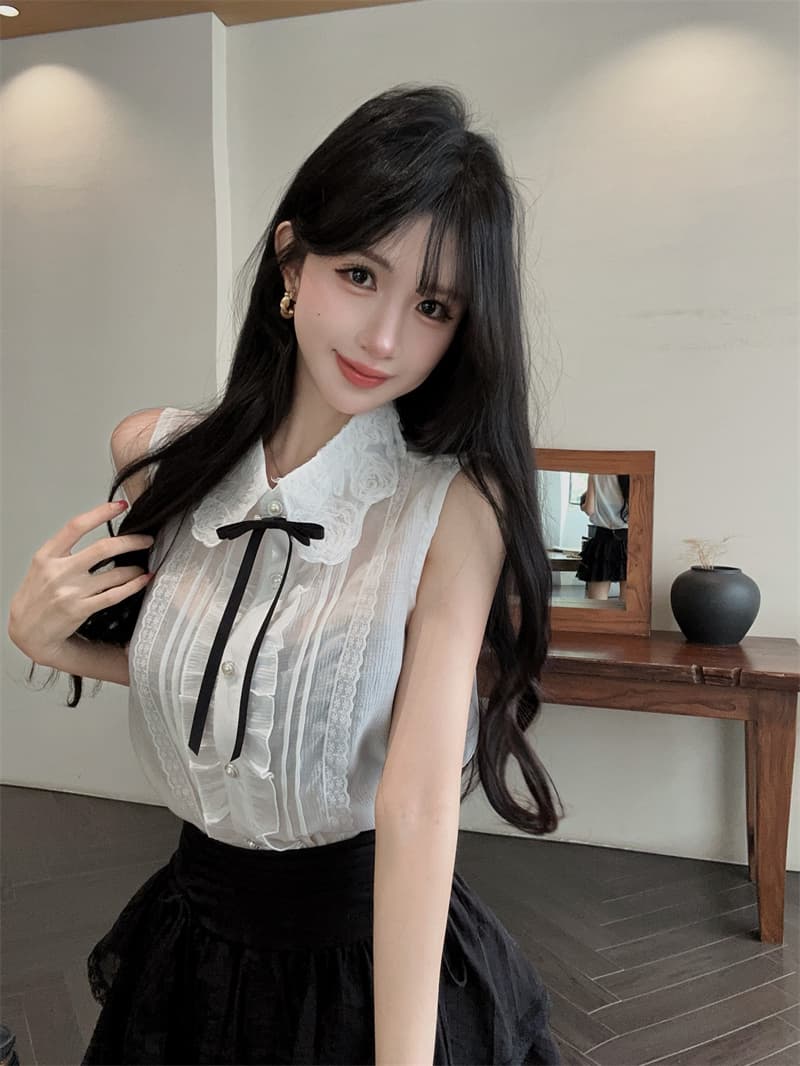 실사 천 금빛 바람 세트 여름 프랑스식 무거운 작업 베이비 칼라 민소매 맨위 케이크 반신 스커트 상세 이미지 2